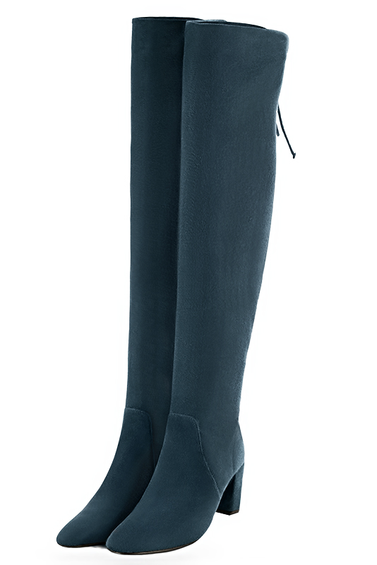 Peacock blue women's leather thigh-high boots. Round toe. Medium block heels. Made to measure. Front view - Florence KOOIJMAN